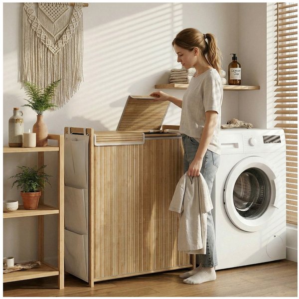 HOMCOM Wäschekorb Wäschesortierer mit Griff, bnehmbarem Kordelzug-Sack (Wäschebox, 1 St., Wäschesammler mit Innensäcken), Bambus, 120 l, Seitenfächer, Deckel