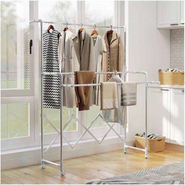 HOMCOM Wäscheständer Standtrockner, Turmwäscheständer auf Rollen, Innen/Außen, für Lange Kleidungsstücke, für Wohnung, 104-150x103x145-197cm, Silber