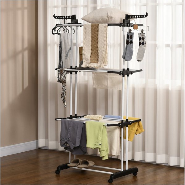 HOMCOM Wäscheständer Trockengestell mit Rollen mit 4 Ebenen, Stahl Schwarz 125 x 64 x 172 cm