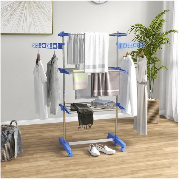 HOMCOM Wäscheständer Turm Standtrockner mit 3 Ebenen, klappbare Flügel, Rollen, für Indoor, Outdoor, Stahl Blau 80,142 x 55 x 152 cm