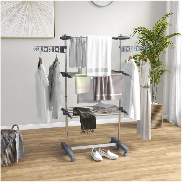 HOMCOM Wäscheständer Turm Standtrockner mit 3 Ebenen, klappbare Flügel, Rollen, für Indoor, Outdoor, Stahl Grau 80,142 x 55 x 152 cm