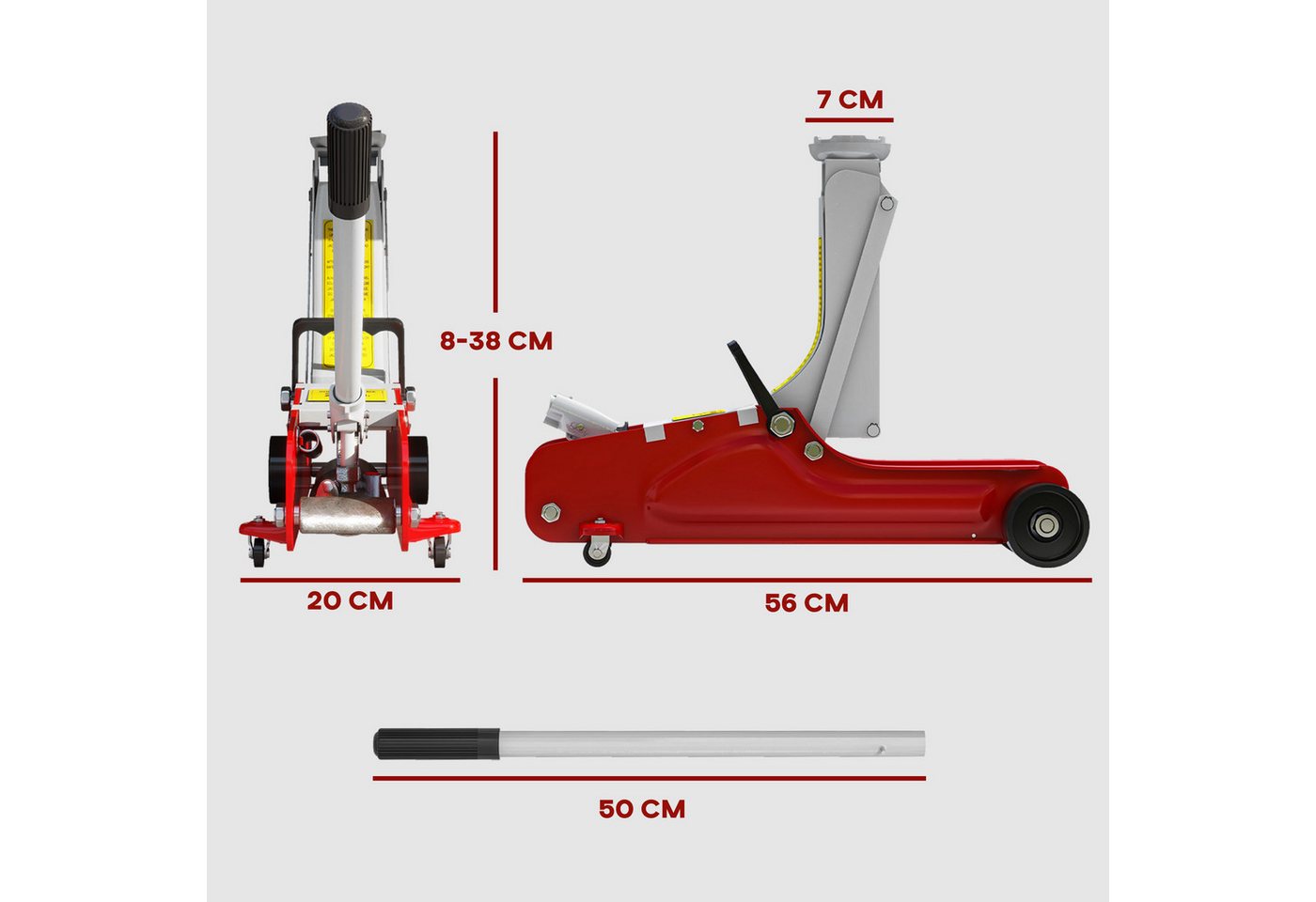 HOMCOM Wagenheber Hydraulisch Tragkraft bis 2,5t mit 360° Rollen Heber für PKW SUV, max. Hubhöhe: 38 cm, Rangierwagenheber, 1-tlg., Wagenheber für Auto – Bild 3 von 5