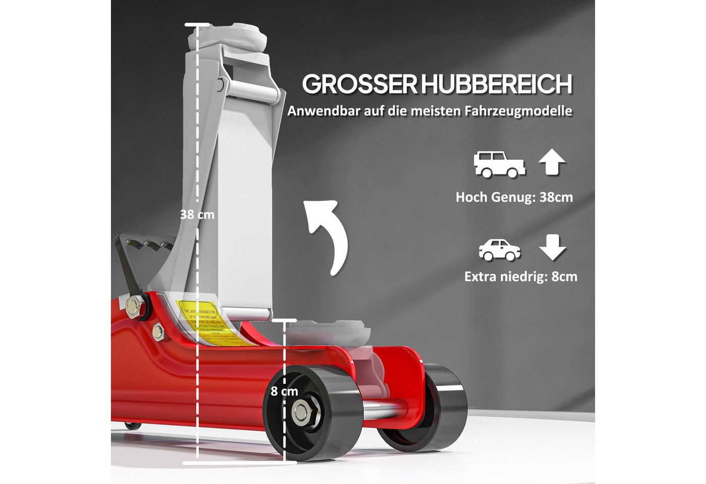 HOMCOM Wagenheber Hydraulisch Tragkraft bis 2,5t mit 360° Rollen Heber für PKW SUV, max. Hubhöhe: 38 cm, Rangierwagenheber, 1-tlg., Wagenheber für Auto – Bild 4 von 5
