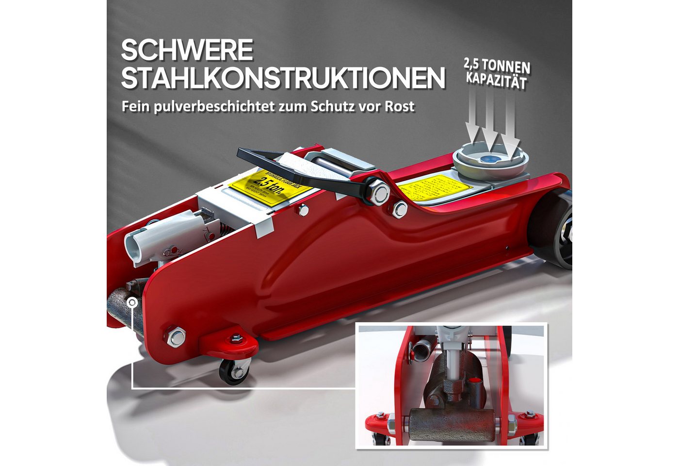 HOMCOM Wagenheber Hydraulisch Tragkraft bis 2,5t mit 360° Rollen Heber für PKW SUV, max. Hubhöhe: 38 cm, Rangierwagenheber, 1-tlg., Wagenheber für Auto – Bild 5 von 5