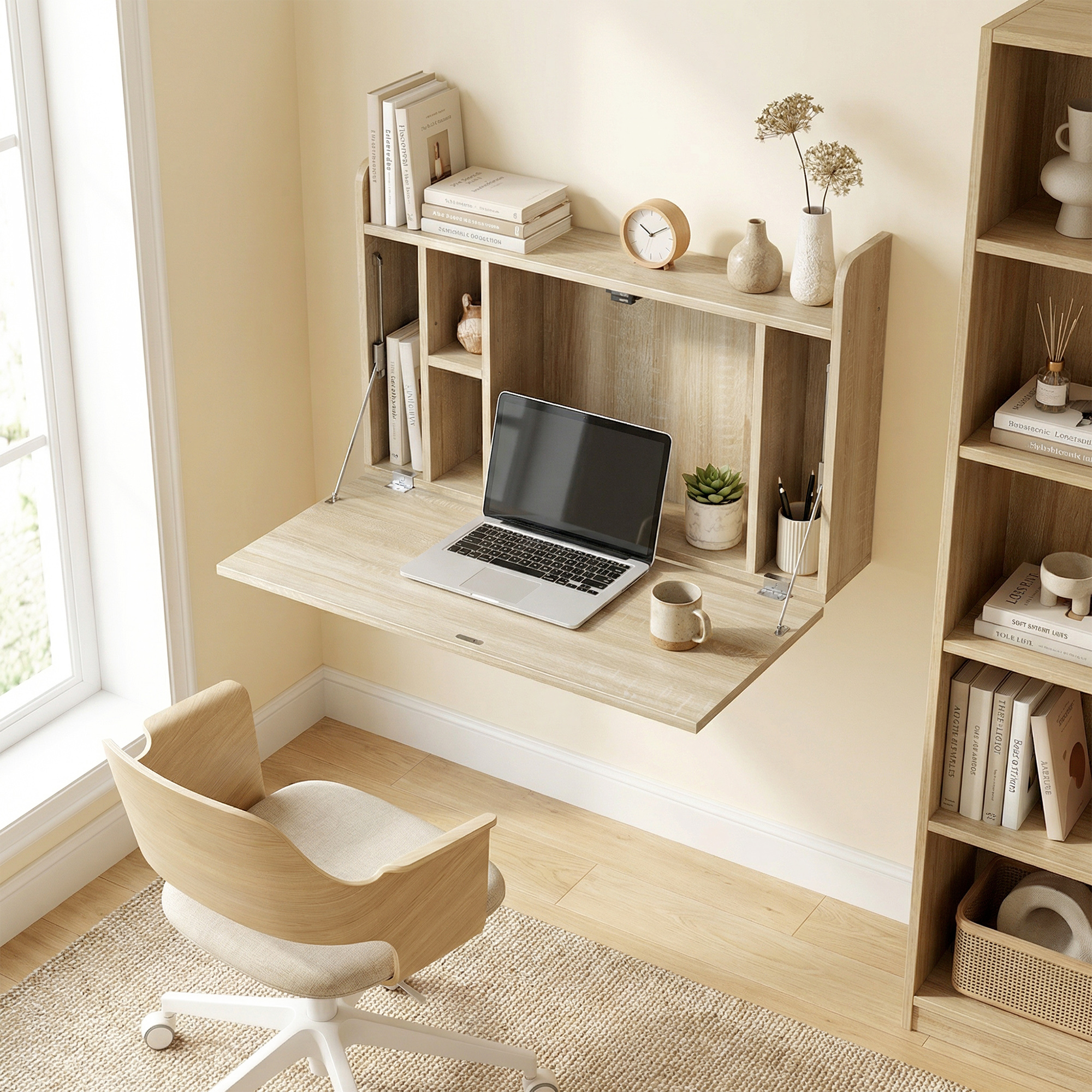 HOMCOM Wand-Schreibtisch, Wand-Computerschreibtisch mit platzsparenden Ablagen für Zuhause und Büro, 77x20x51 cm, Eiche Aosom – Bild 2 von 2