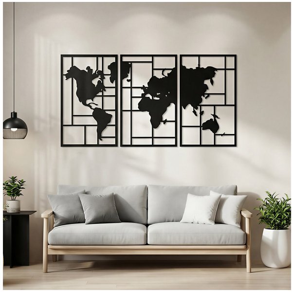 HOMCOM Wandbild Metall Wanddeko, Weltkarte (Wanddeko, 3 St), Metall Wandkunst mit Weltkarte, Schwarz