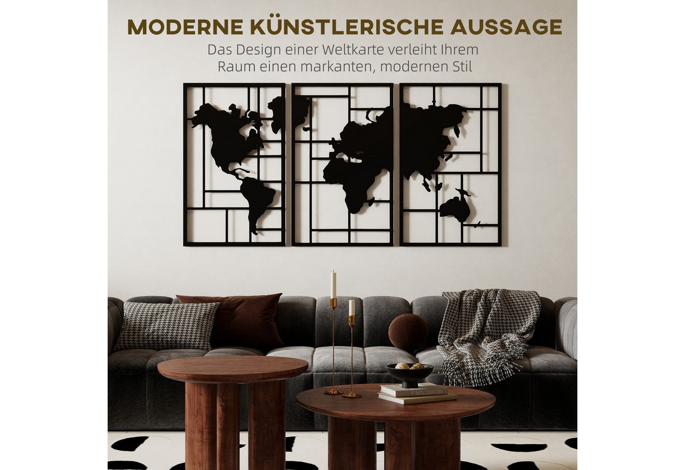 HOMCOM Wandbild Metall Wanddeko, Weltkarte (Wanddeko, 3 St), Metall Wandkunst mit Weltkarte, Schwarz – Bild 4 von 5