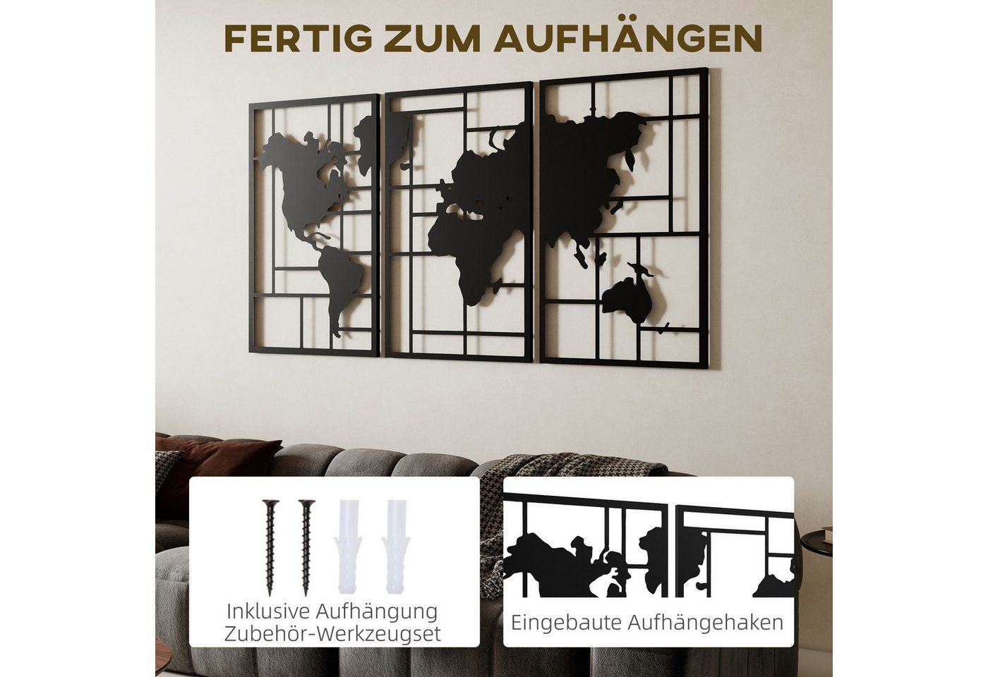 HOMCOM Wandbild Metall Wanddeko, Weltkarte (Wanddeko, 3 St), Metall Wandkunst mit Weltkarte, Schwarz – Bild 5 von 5