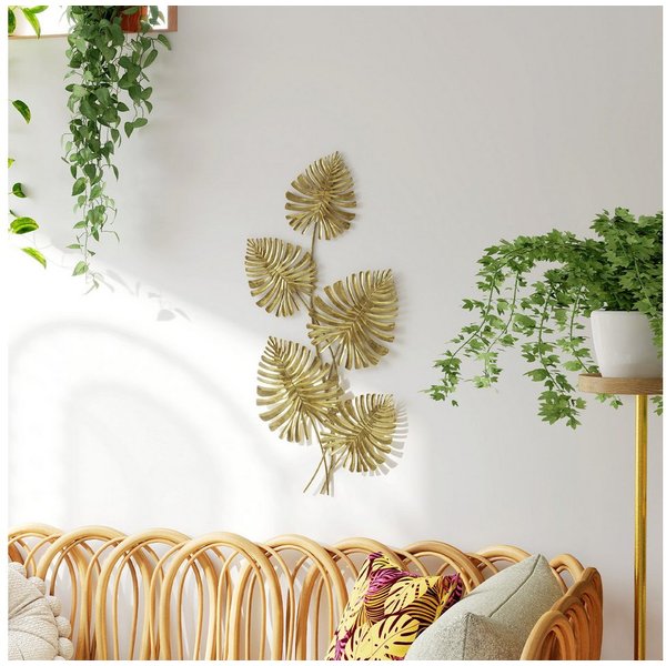 HOMCOM Wandbild Wanddeko Metallbild mit handaufgetragener Folie Wohnzimmer-Kunst, Monstera-Blätter (Wandskulptur, 1 St), für Schlafzimmer