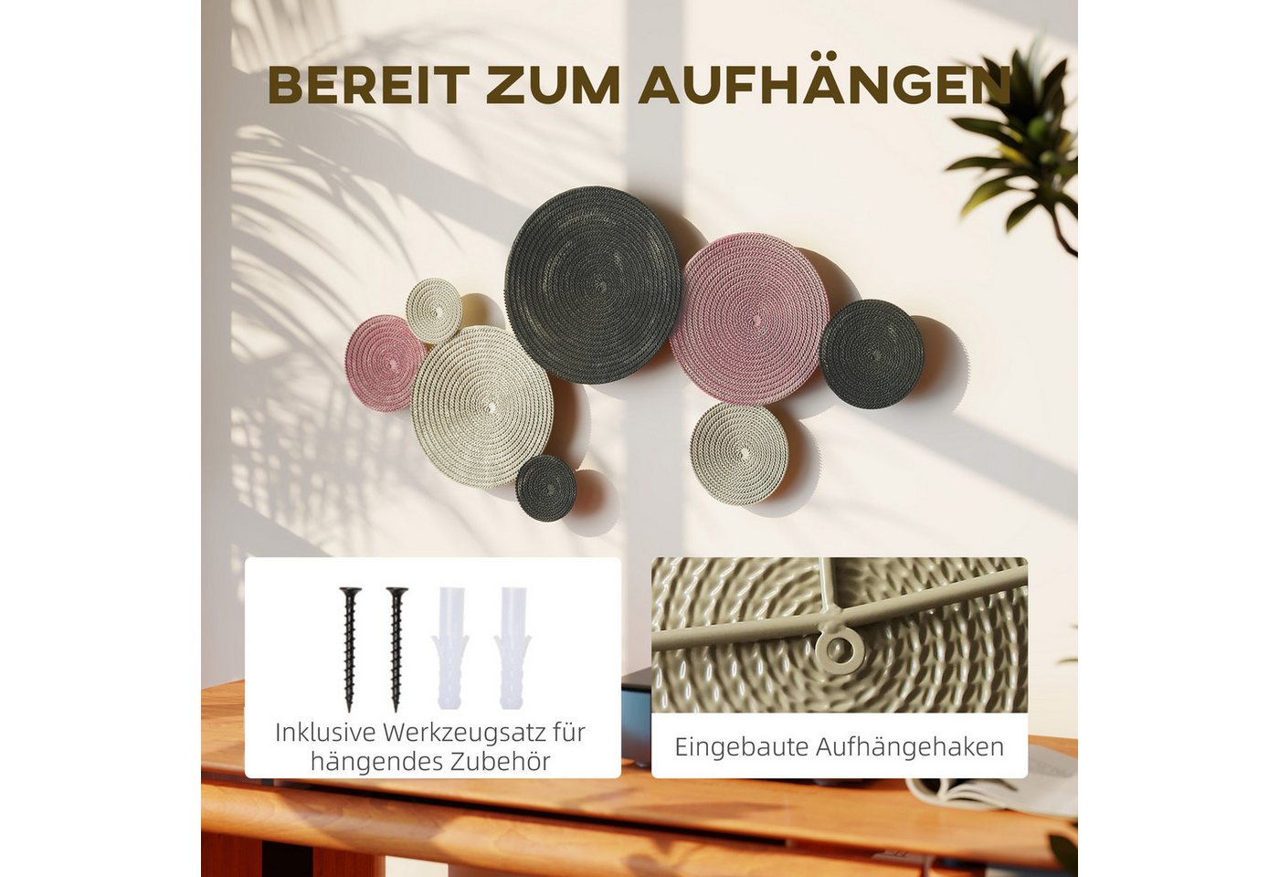 HOMCOM Wandbild Wanddeko Metallbild mit Multi-Disc-Design Wohnzimmer-Kunst, Geometrische Formen (Wanddekoration, 1 St), Abstraktes geometrisches Design – Bild 5 von 5