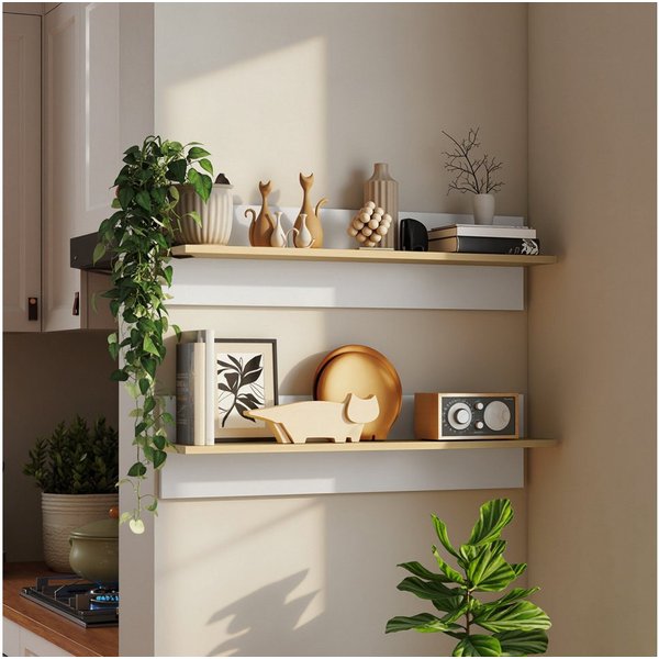HOMCOM Wandregal Wandboard, Regalbrett zur Präsentation, 2er-Set Schweberegal 2-tlg., für Küche, Wohnzimmer, Badezimmer, Weiß+Naturholz, 80 x 16,5 x 20 cm