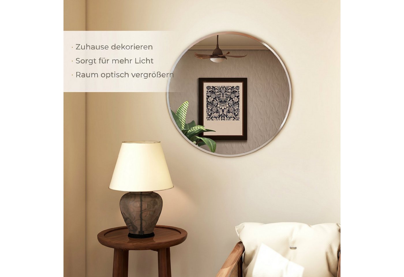 HOMCOM Wandspiegel Badspiegel, runder Spiegel für Bad, Wohnzimmer, Schlafzimmer (mit Aluminiumlegierungrahmen, 1-St., dekorative Spiegel), für Bad, Wohnzimmer,  – Bild 4 von 5