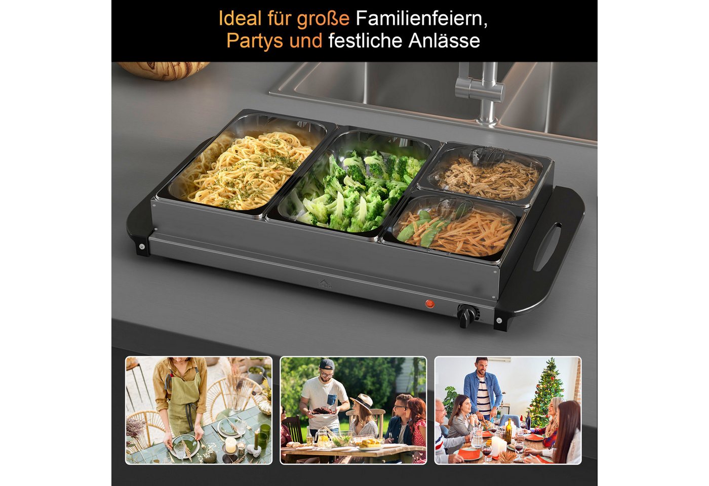 HOMCOM Warmhalteplatten-Zwischenmodul Buffetwärmer, 300 Watt, Edelstahl, mit Einstellbarer Thermostat, 6,8 L Chafing Dish für Partys Buffets Familienessen – Bild 4 von 5