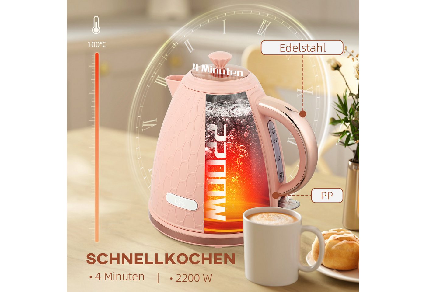 HOMCOM Wasserkocher Schnellkochfunktion, kabellos, Anti-Kalk-Filter, Auto-Abschaltung, 1.7 l, 2200 W, Trockengehschutz, Hellrosa – Bild 4 von 5
