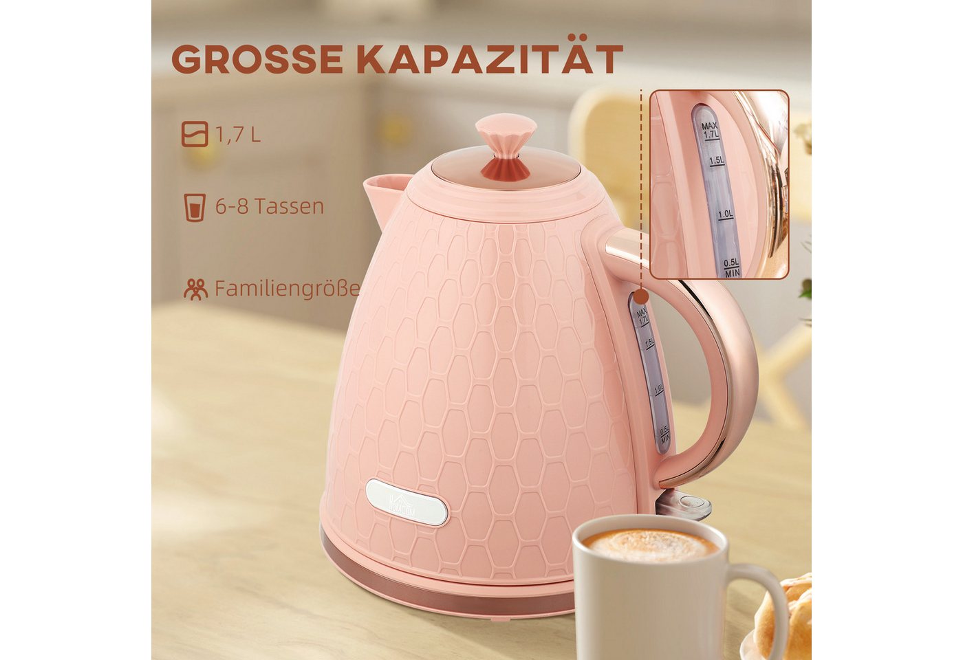 HOMCOM Wasserkocher Schnellkochfunktion, kabellos, Anti-Kalk-Filter, Auto-Abschaltung, 1.7 l, 2200 W, Trockengehschutz, Hellrosa – Bild 5 von 5