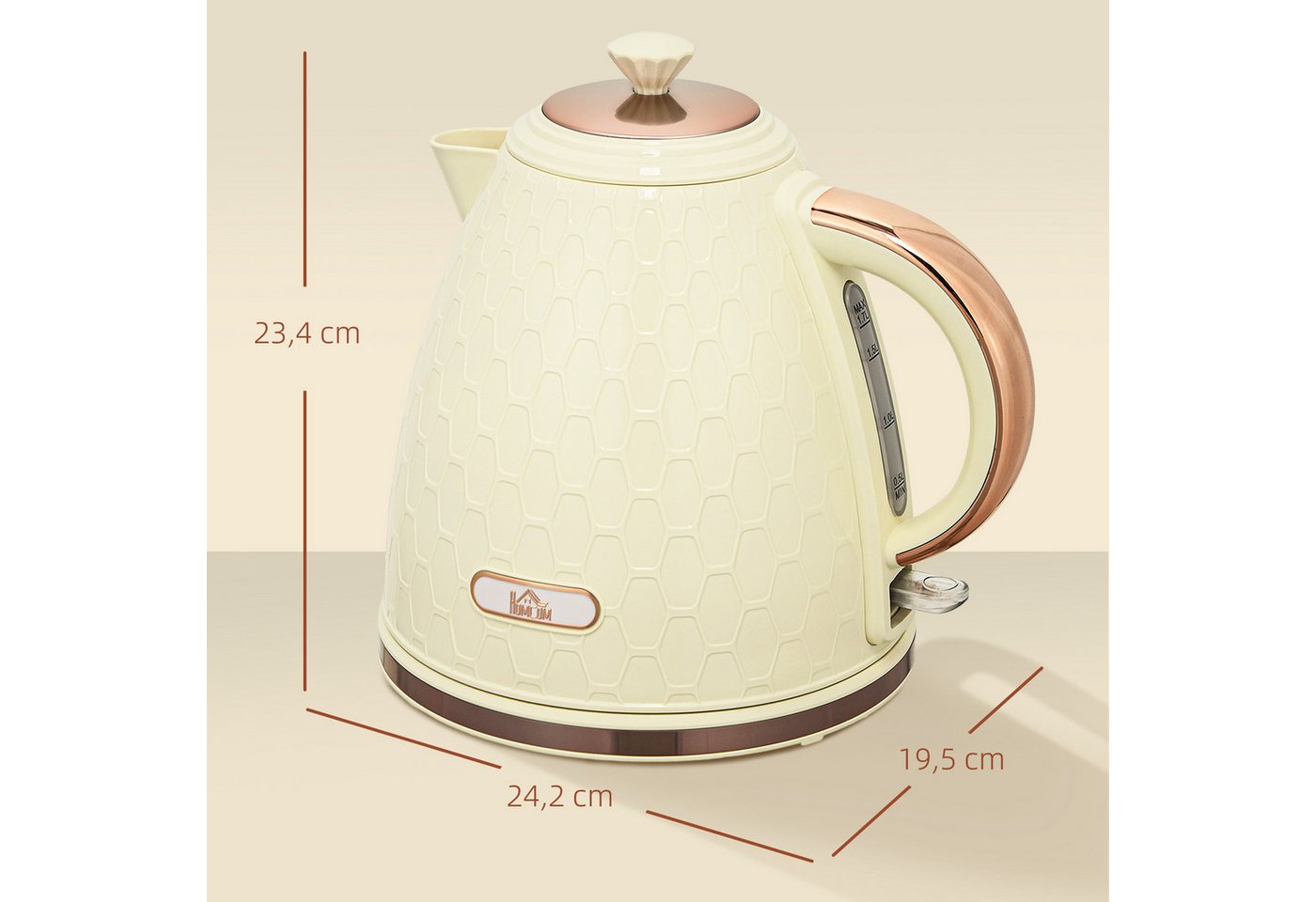 HOMCOM Wasserkocher Schnellkochfunktion, kabellos, Anti-Kalk-Filter, Auto-Abschaltung, 1.7 l, 2200 W, Trockengehschutz, Beige – Bild 3 von 5