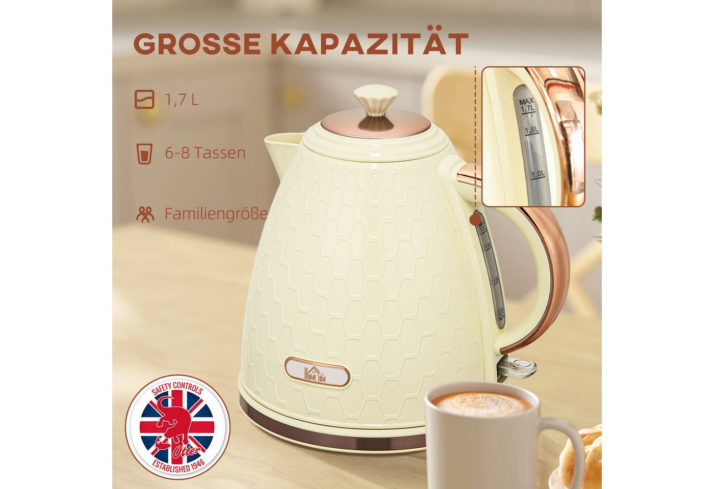 HOMCOM Wasserkocher Schnellkochfunktion, kabellos, Anti-Kalk-Filter, Auto-Abschaltung, 1.7 l, 2200 W, Trockengehschutz, Beige – Bild 5 von 5