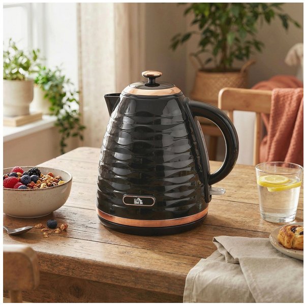 HOMCOM Wasserkocher Schnellkochfunktion, BPA-frei, Wasserkocher, 360° Drehbasis, 1.7 l, 2200 W, Kalkfilter, automatische Abschaltung, Trockenlaufschutz