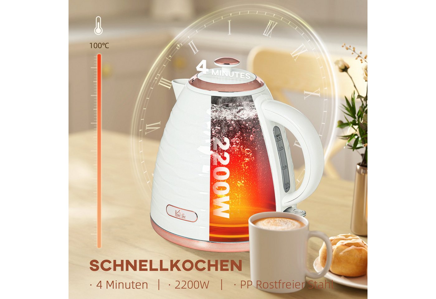 HOMCOM Wasserkocher Schnellkochfunktion, BPA-frei, Wasserkocher, 360° Drehbasis, 1.7 l, 2200 W, Kalkfilter, automatische Abschaltung, Trockenlaufschutz – Bild 4 von 5