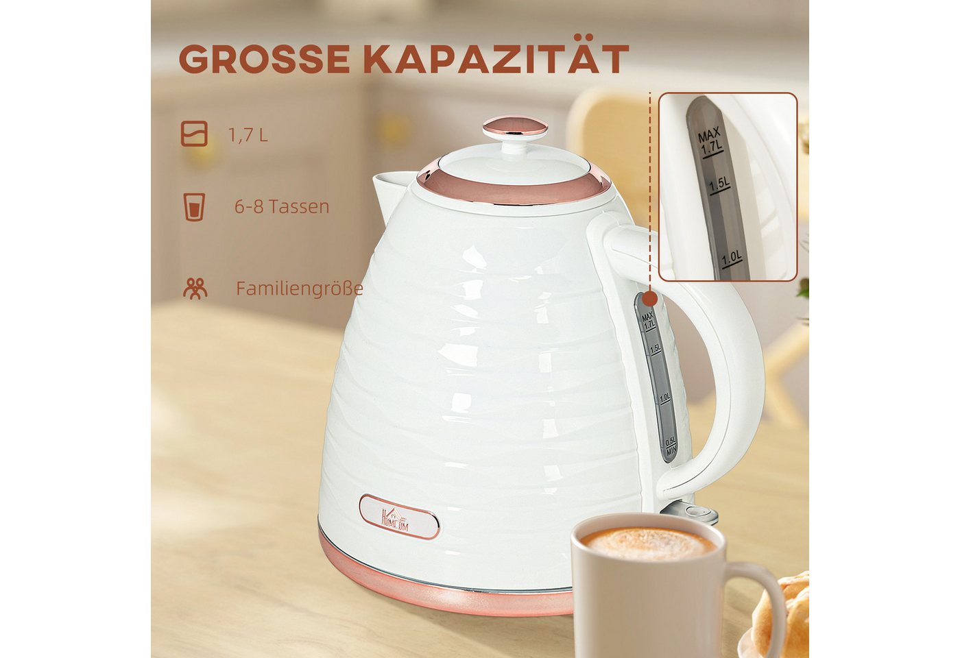 HOMCOM Wasserkocher Schnellkochfunktion, BPA-frei, Wasserkocher, 360° Drehbasis, 1.7 l, 2200 W, Kalkfilter, automatische Abschaltung, Trockenlaufschutz – Bild 5 von 5