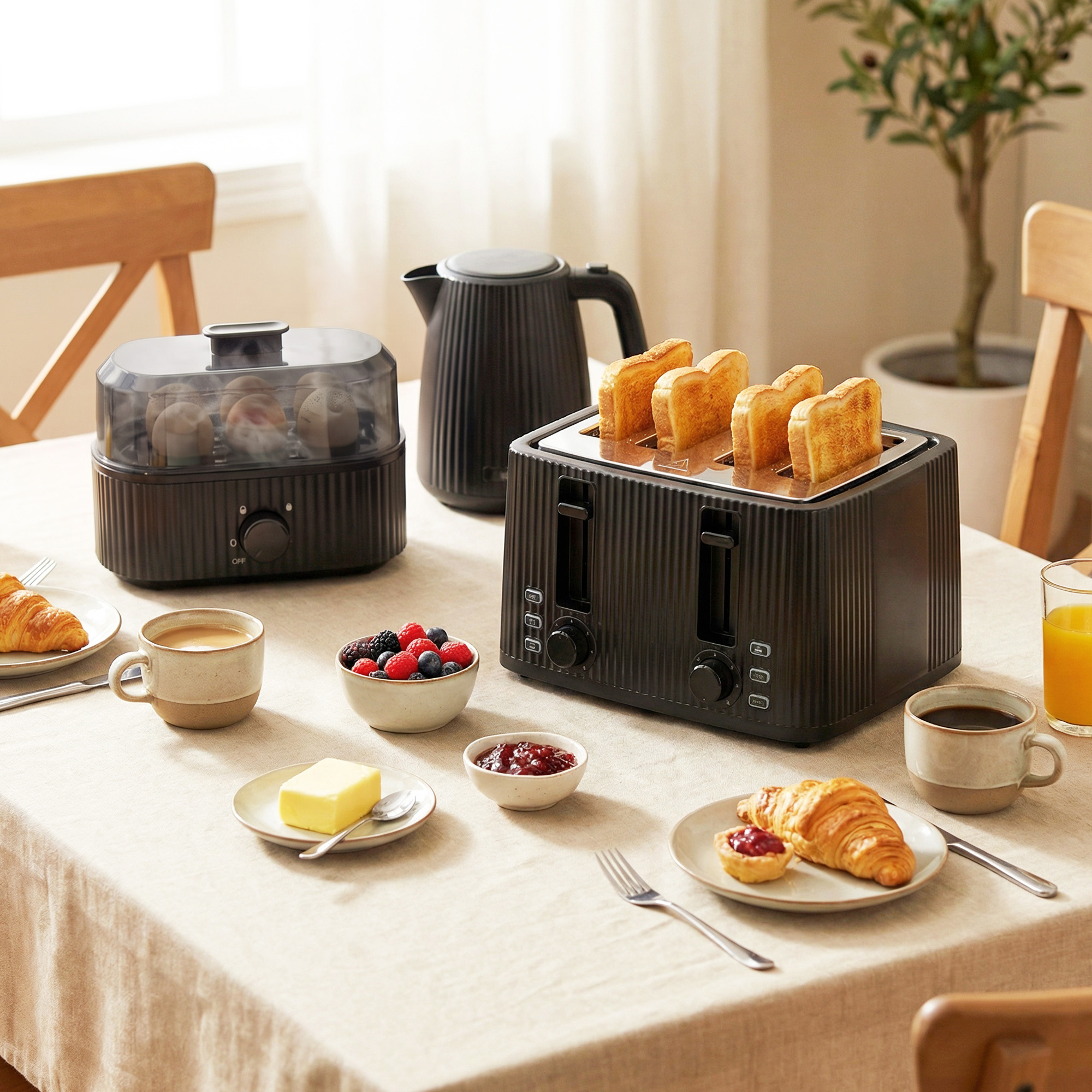 HOMCOM Wasserkocher Toaster Eierkocher Set 1,7L 2200W Edelstahl Schnell Wasserkocher mit Kalkfilter 4 Scheiben Toaster mit 7 Bräunungsstufen Eierkocher mit Kont – Bild 2 von 2