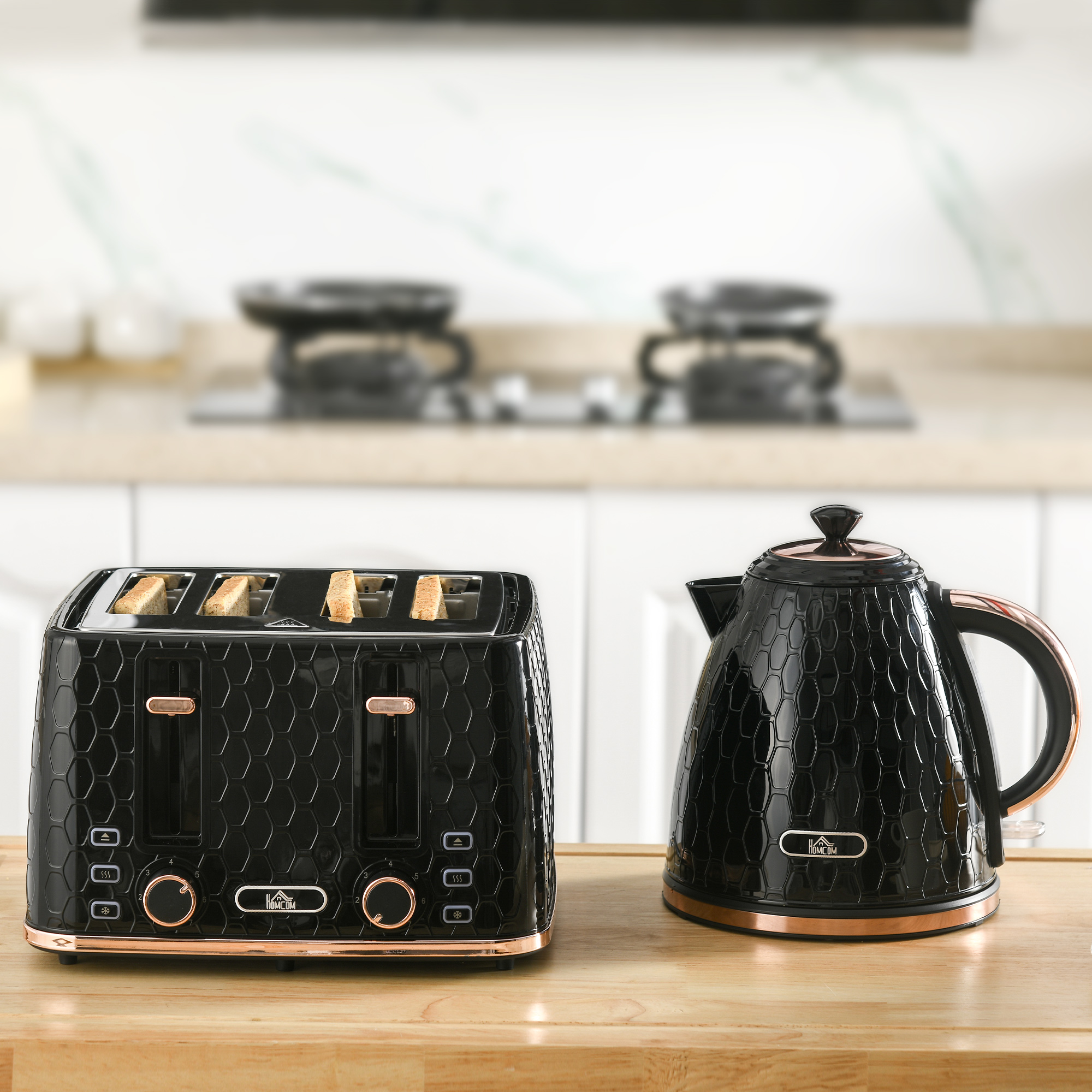 HOMCOM Wasserkocher Toaster Set 1,7L Wasserkocher 4 Toastscheiben Frühstücksset mit 7 Bräunungsstufen, automatischer Abschaltung, Auftau- & Aufwärmfunktion und  – Bild 2 von 2