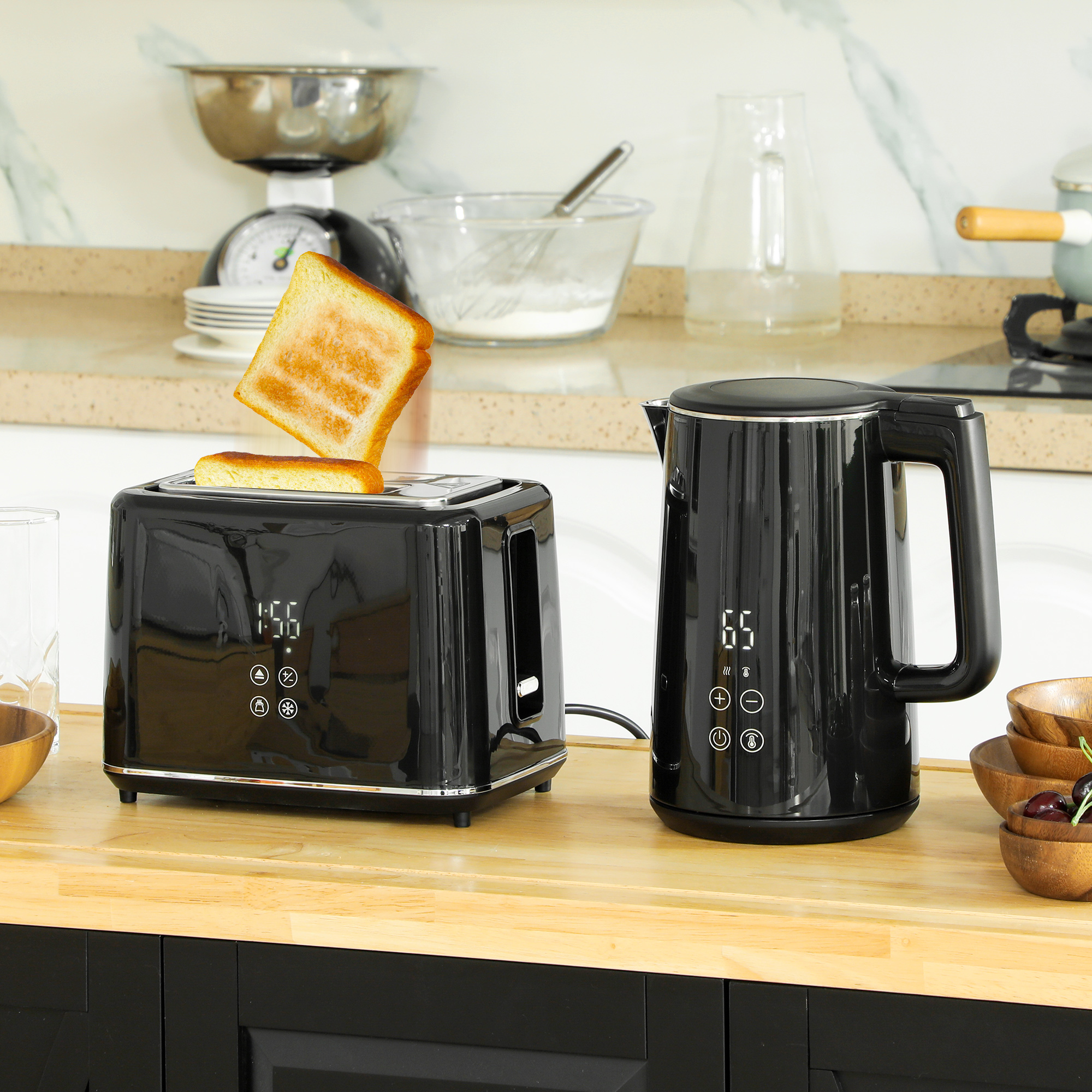 HOMCOM Wasserkocher Toaster Set 1,5L Wasserkocher 2 Toastscheiben 2200W Frühstücksset mit 7 Bräunungsstufen, Auftau- & Aufwärmfunktion, automatischer Abschaltun – Bild 2 von 2