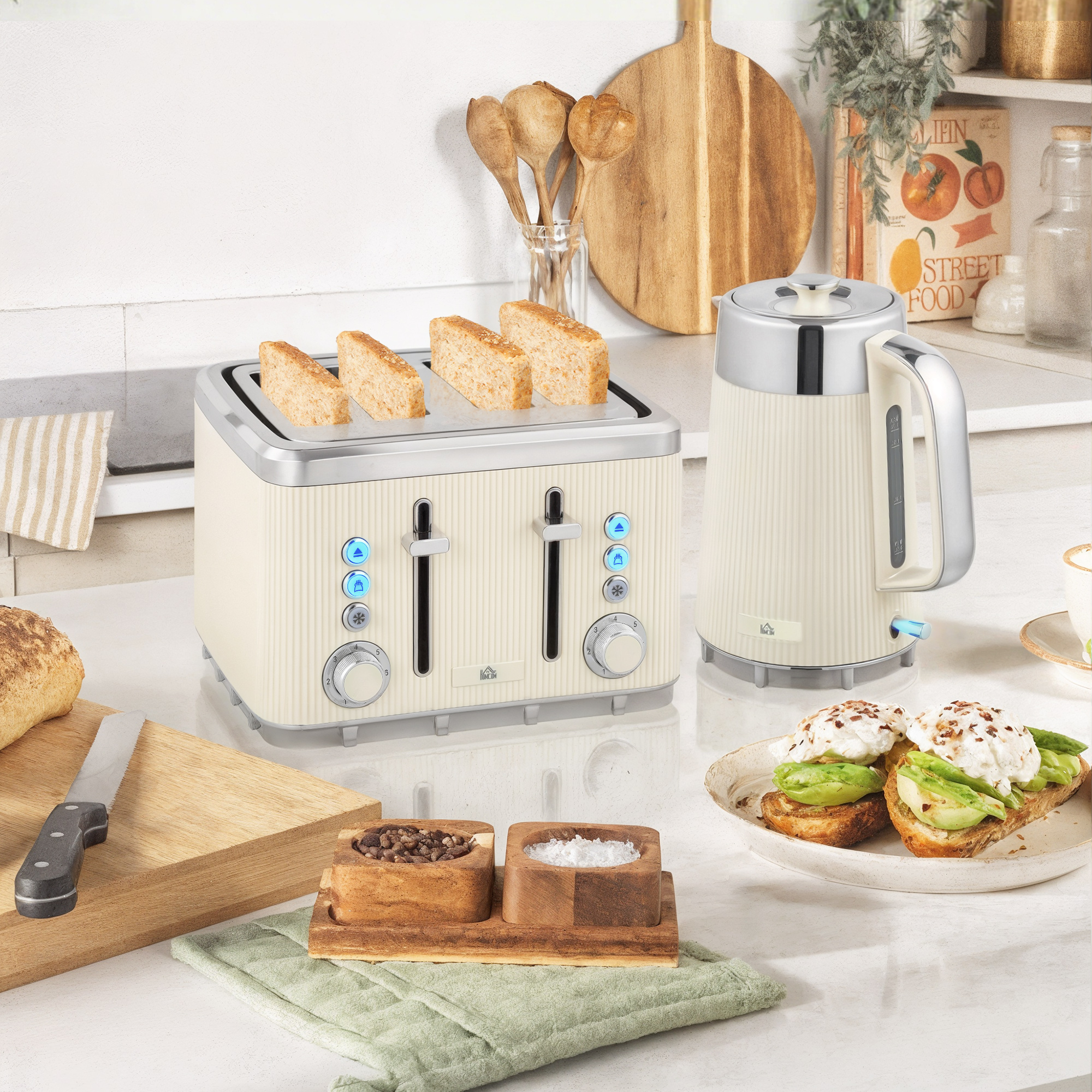 HOMCOM Wasserkocher Toaster Set 1,7L 2200W Schnell Wasserkocher mit Edelstahl-Innenraum, Kalkfilter, Kühl-Gefühl-Gehäuse, Thermostat 4 Scheiben Toaster mit 7 Br – Bild 2 von 2