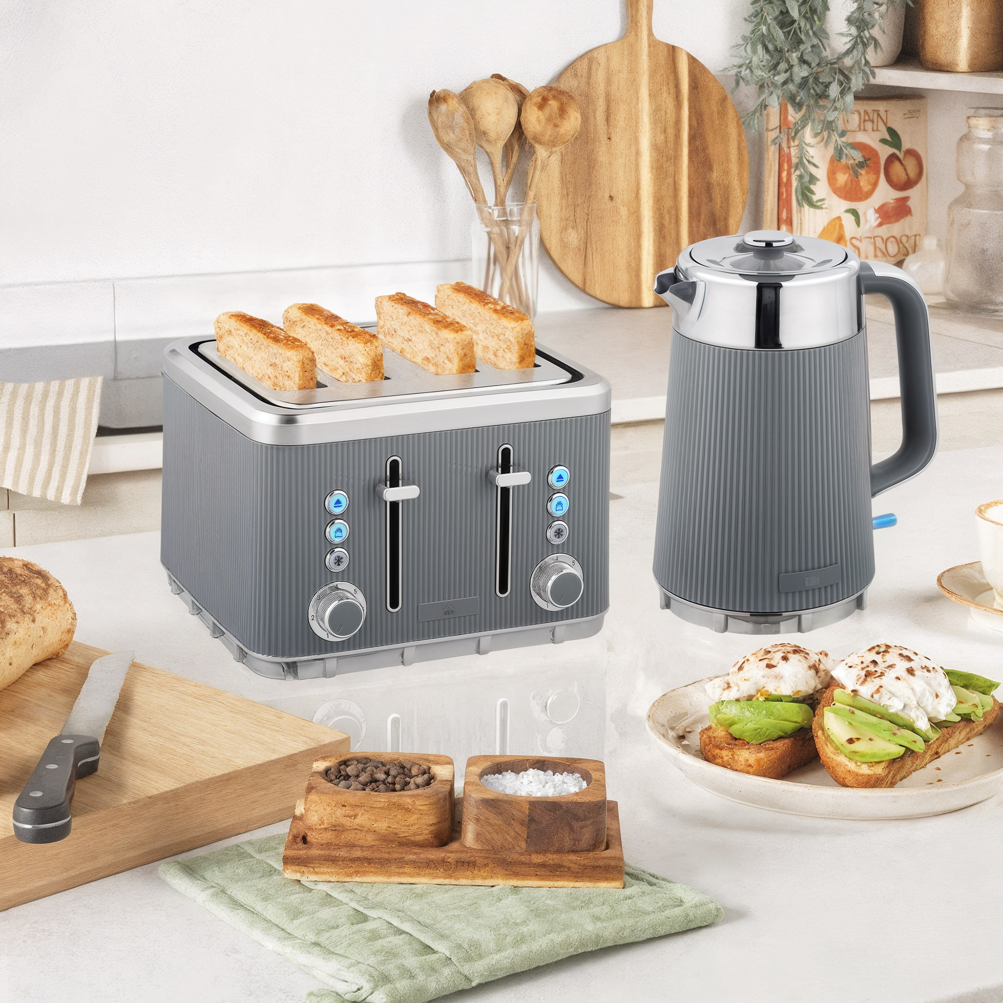 HOMCOM Wasserkocher Toaster Set 1,7L 2200W Schnell Wasserkocher mit Edelstahl-Innenraum, Kalkfilter, Kühl-Gefühl-Gehäuse, Thermostat 4 Scheiben Toaster mit 7 Br – Bild 2 von 2