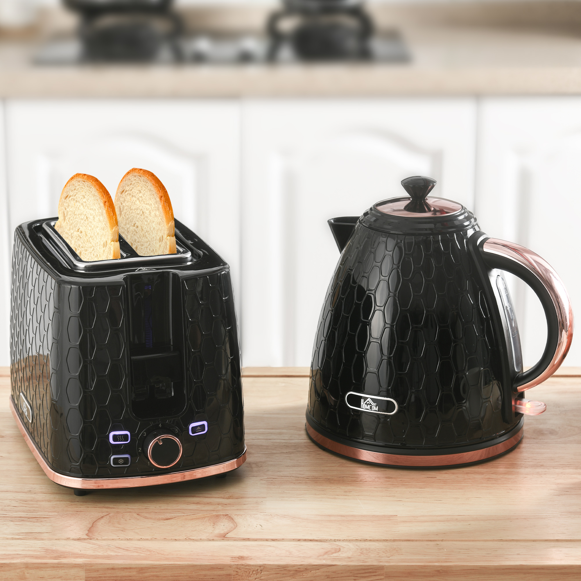HOMCOM Wasserkocher Toaster Set 2200 W 1,7L Wasserkocher, 2 Scheiben Toaster, 7 Bräunungsstufen, Aufwärmen und Auftauen, Frühstück-Set mit Kalkfilter & Krümelfa – Bild 2 von 2