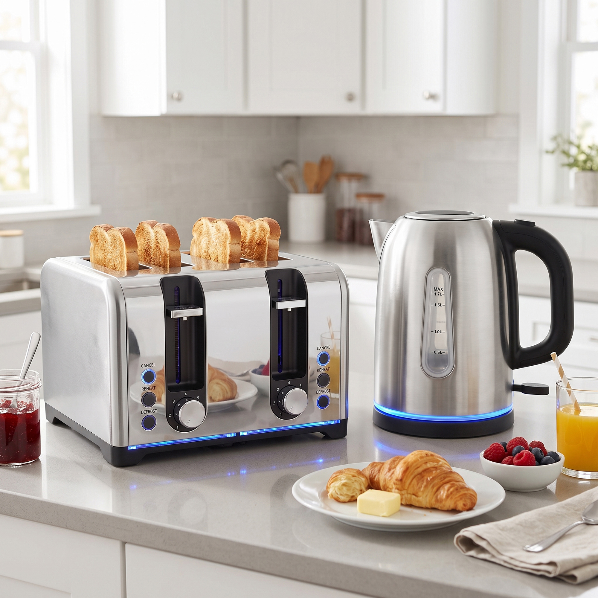 HOMCOM Wasserkocher und Toaster Set 1,7L 2200W Beleuchteter Schnellkoch-Wasserkocher Edelstahl mit Automatische Abschaltung Kalkfilter, 4-Scheiben Toaster mit 7 – Bild 2 von 2
