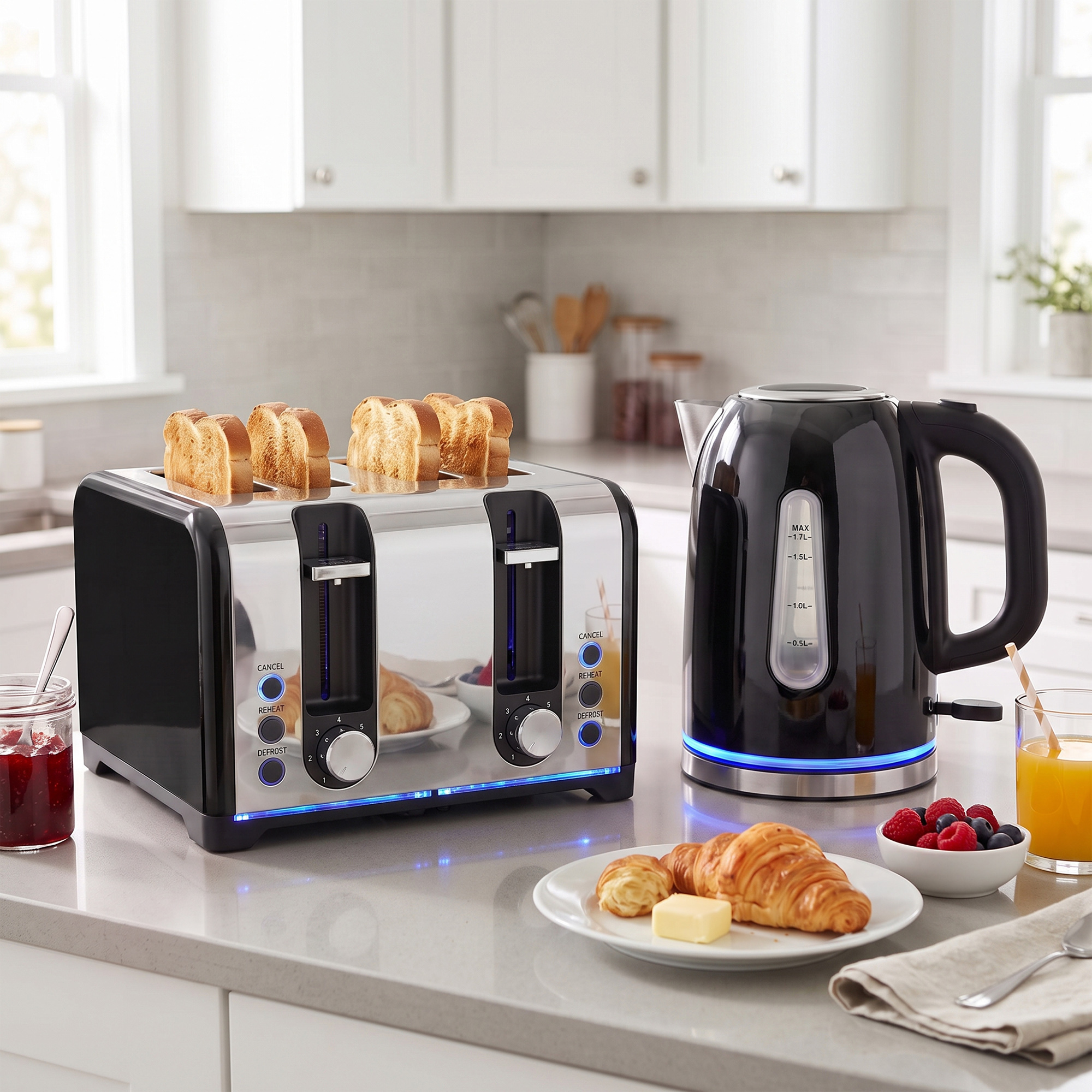 HOMCOM Wasserkocher und Toaster Set 1,7L 2200W Beleuchteter Schnellkoch-Wasserkocher Edelstahl mit Automatische Abschaltung Kalkfilter, 4-Scheiben Toaster mit 7 – Bild 2 von 2