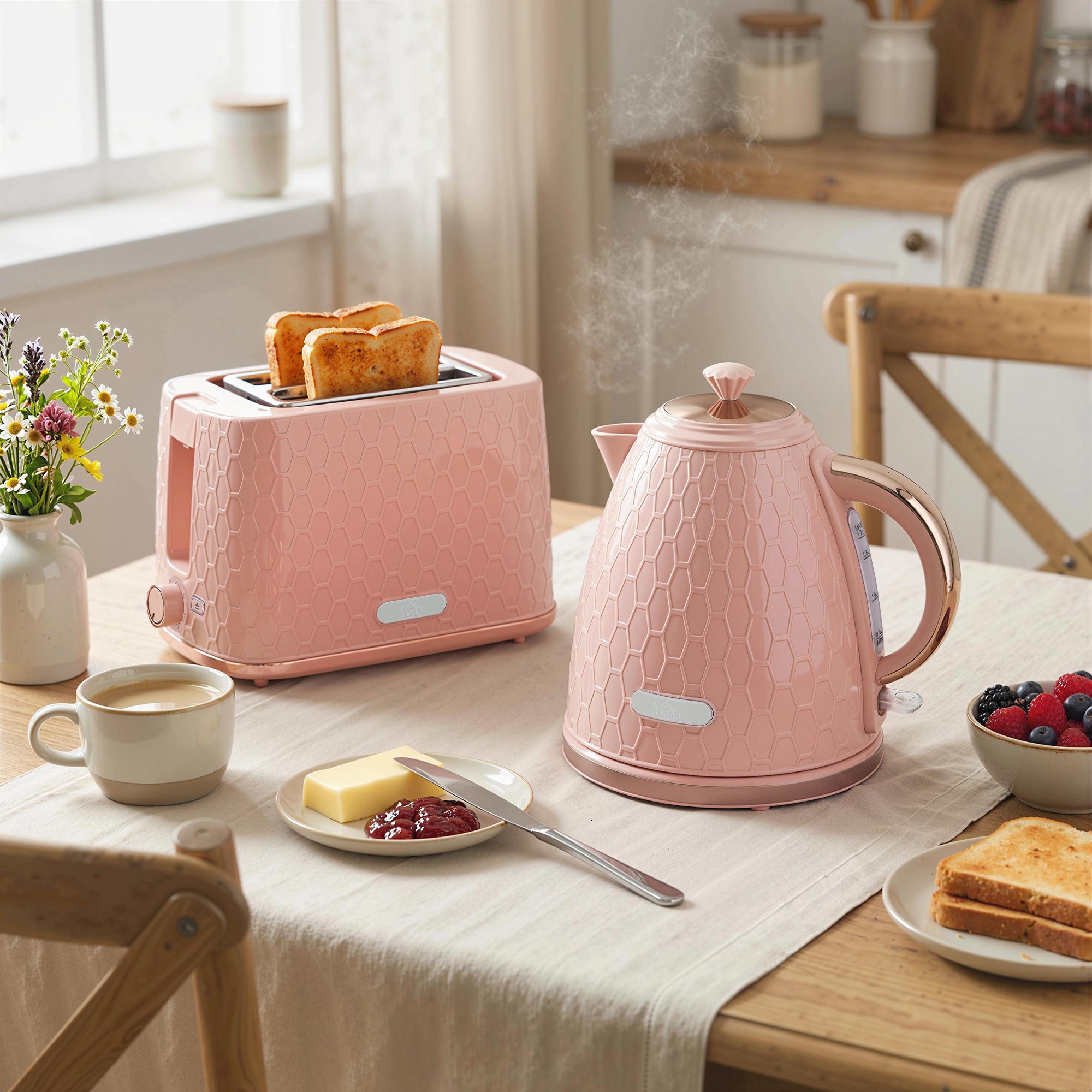 HOMCOM Wasserkocher- und Toaster-Set, 1,7L 2200W Schnellkoch-Wasserkocher mit automatischer Abschaltung, 2-Scheiben-Toaster mit 7 Bräunungsstufen, Krümelschubla – Bild 2 von 2