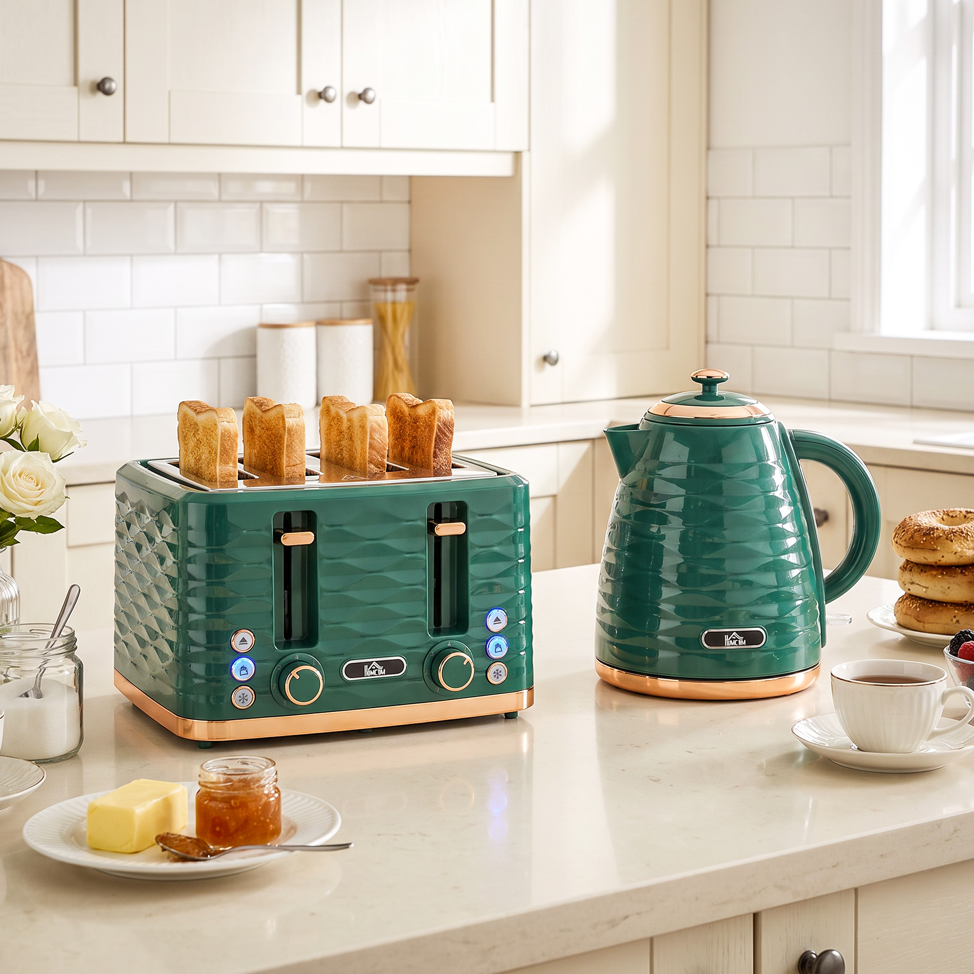 HOMCOM Wasserkocher und Toaster Set, 2200 W, 1,7 l Schnellkoch-Wasserkocher & 4-Scheiben-Toaster, 7 Bräunungsstufen, Auftauen, Aufwärmen, Krümelschublade, Grün  – Bild 2 von 2