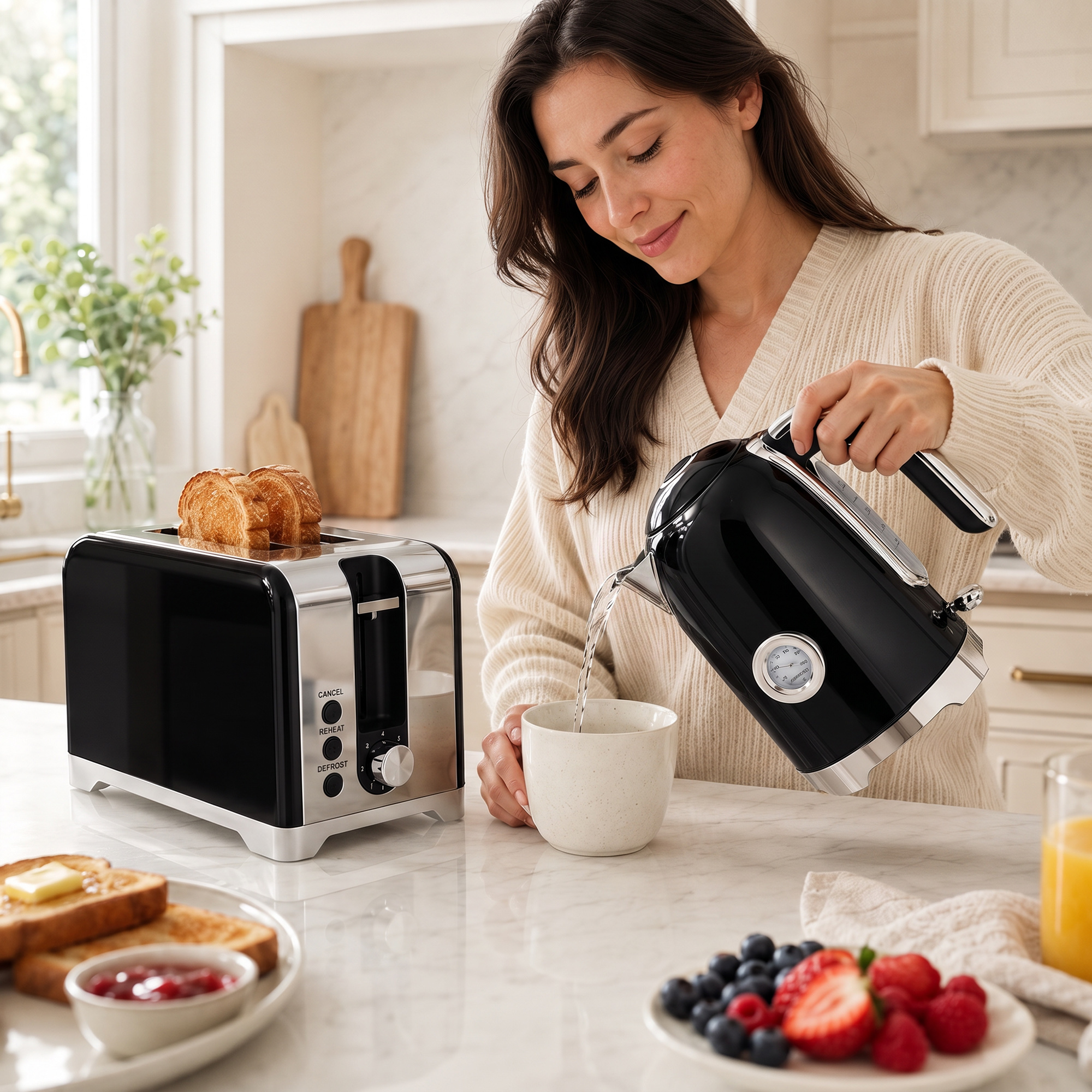 HOMCOM Wasserkocher und Toaster Set, 2200 W, 1,7 L Edelstahl Wasserkocher mit Kalkfilter, 2 Scheiben Toaster mit 7 Bräunungsstufen, Thermometer Krümelfach Frühs – Bild 2 von 2