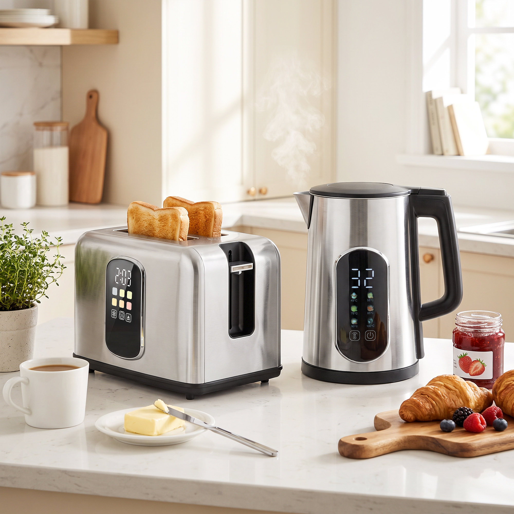 HOMCOM Wasserkocher und Toaster Set, 2200 W, 1,5 L Edelstahl Schnell Wasserkocher mit 45°-100° Warmhalte-& Memory-Funktion, LED-Touchscreen 2 Scheiben Toaster m – Bild 2 von 2
