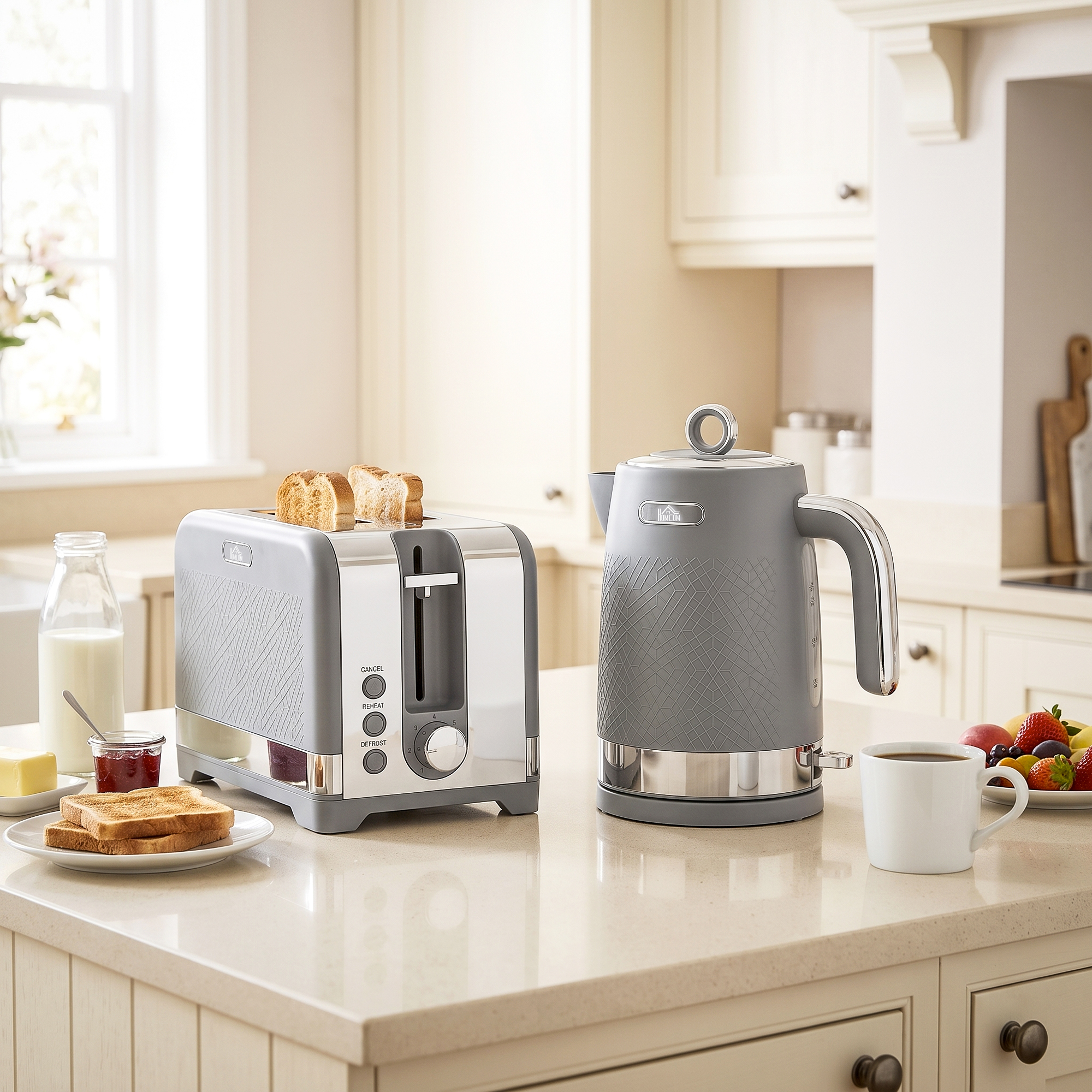 HOMCOM Wasserkocher- und Toaster-Set, 1,7 l 2200 W Schnellkoch-Wasserkocher mit Thermostat und Kalkfilter, 2-Scheiben-Toaster mit 7 Bräunungsstufen, Krümelschub – Bild 2 von 2