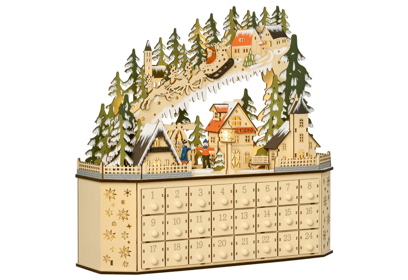 HOMCOM Weihnachtsdorf Adventskalender DIY Weihnachtskalender mit LED-Lichtern, DIY MDF-Platte Naturholz 45 x 13 x 43 cm – Bild 2 von 5