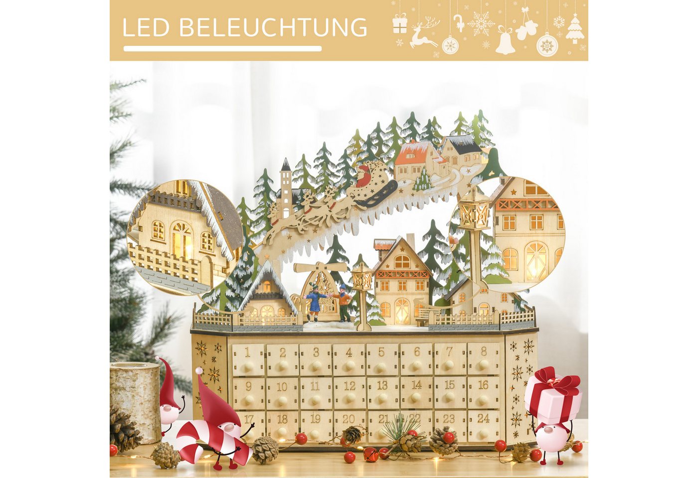 HOMCOM Weihnachtsdorf Adventskalender DIY Weihnachtskalender mit LED-Lichtern, DIY MDF-Platte Naturholz 45 x 13 x 43 cm – Bild 4 von 5