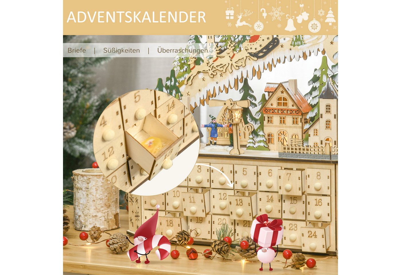 HOMCOM Weihnachtsdorf Adventskalender DIY Weihnachtskalender mit LED-Lichtern, DIY MDF-Platte Naturholz 45 x 13 x 43 cm – Bild 5 von 5