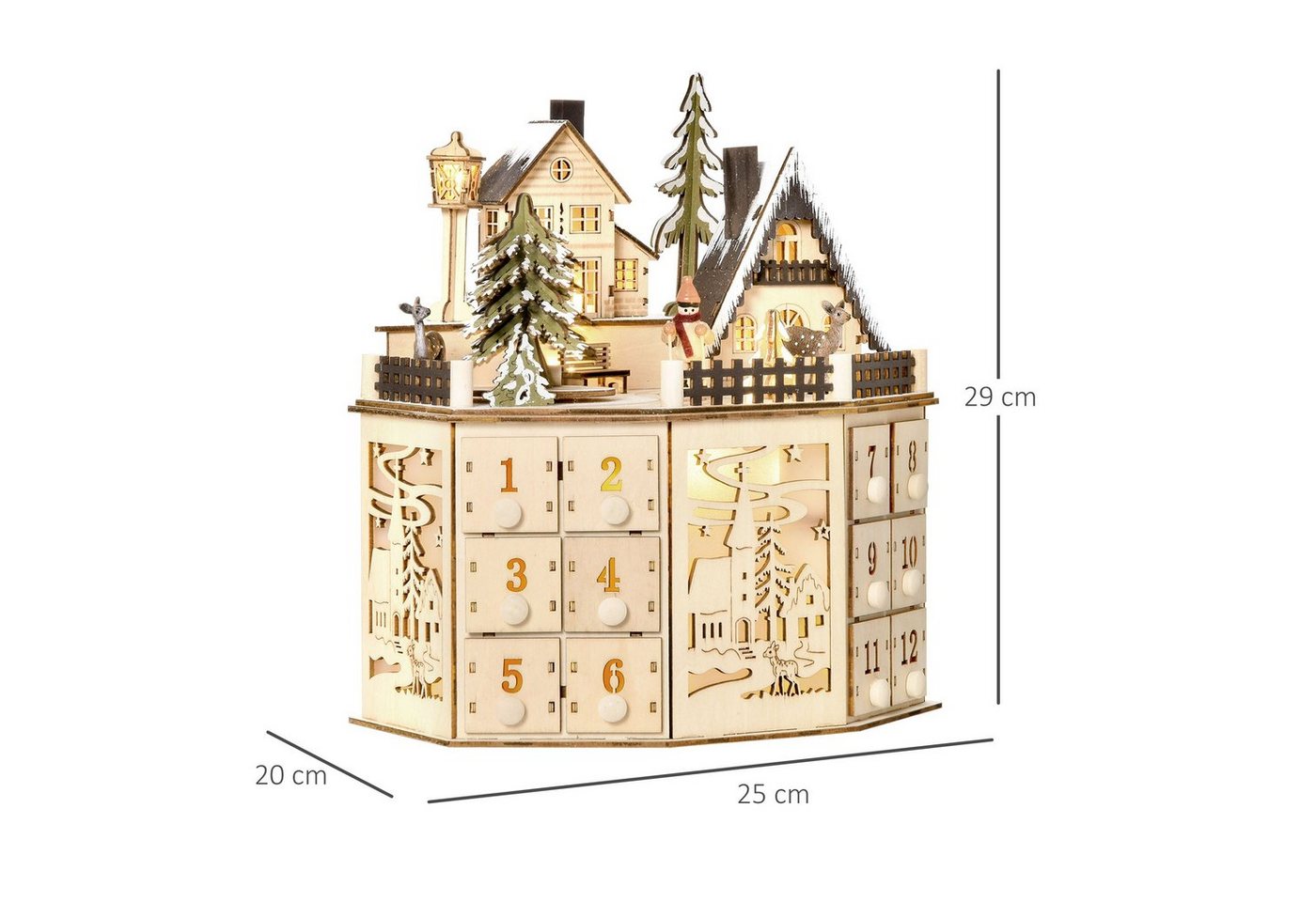 HOMCOM Weihnachtsdorf Adventskalender, 24 Zugkästen, LED-Lichtern, Adventskalenderbox, Sperrholz-Platte Naturholz 25 x 20 x 29 cm – Bild 3 von 5