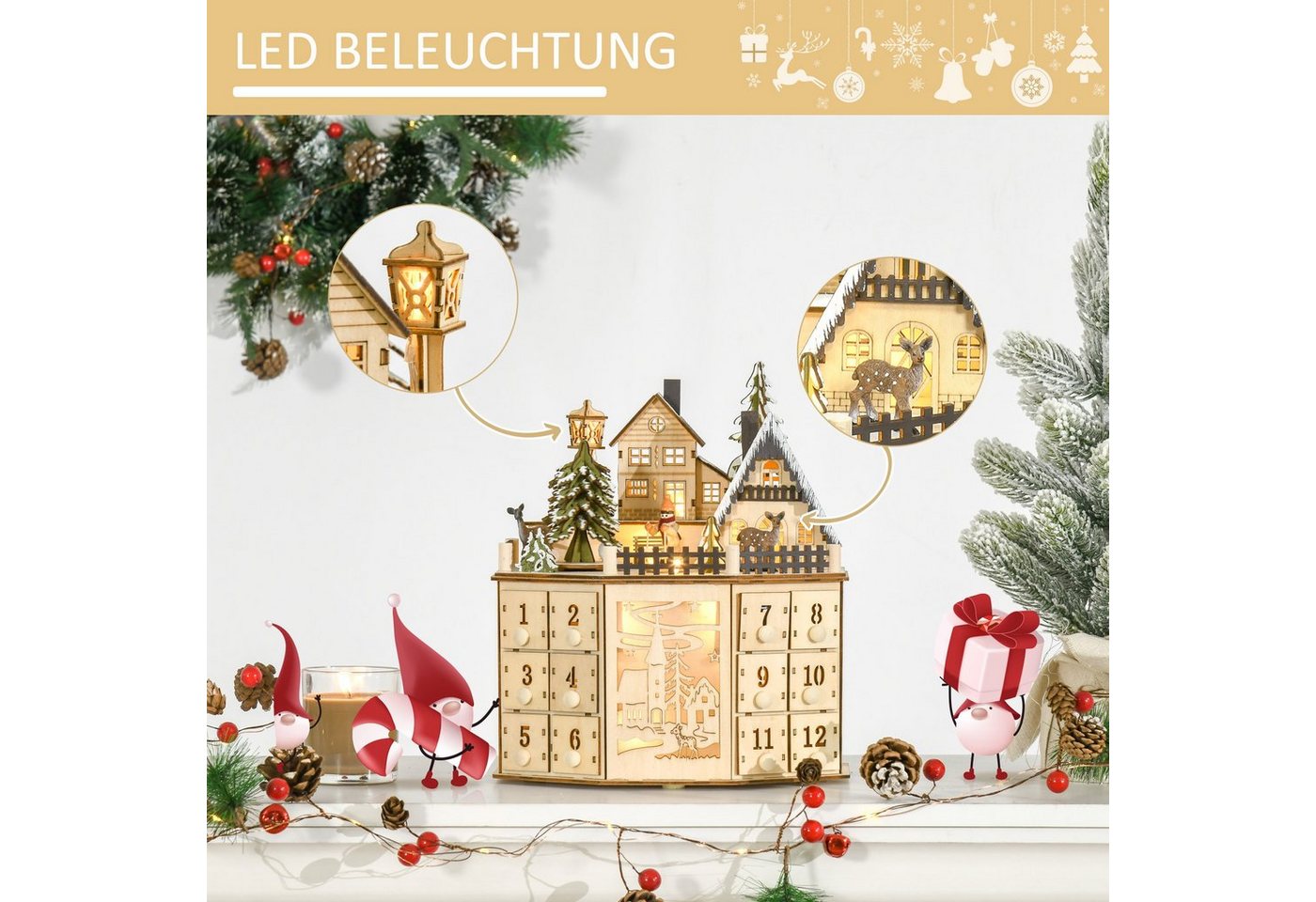 HOMCOM Weihnachtsdorf Adventskalender, 24 Zugkästen, LED-Lichtern, Adventskalenderbox, Sperrholz-Platte Naturholz 25 x 20 x 29 cm – Bild 4 von 5