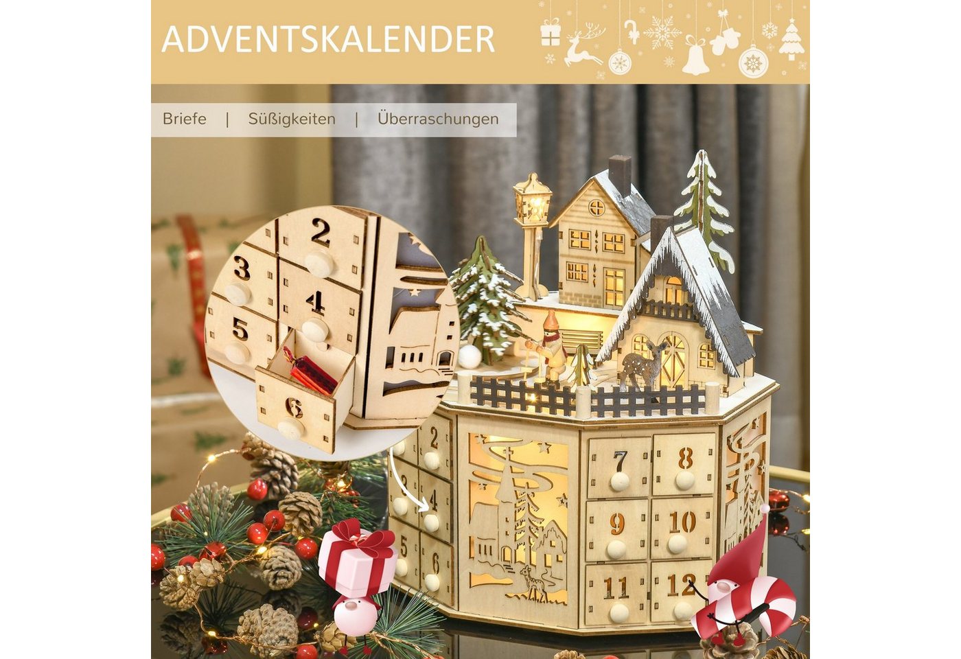 HOMCOM Weihnachtsdorf Adventskalender, 24 Zugkästen, LED-Lichtern, Adventskalenderbox, Sperrholz-Platte Naturholz 25 x 20 x 29 cm – Bild 5 von 5