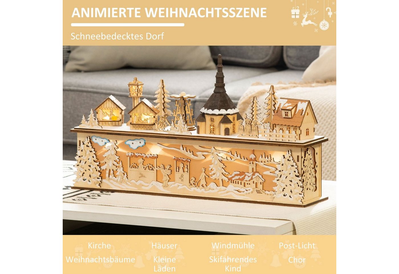 HOMCOM Weihnachtsdorf Weihnachtsdeko, Weihnachtsdorf, 10 LEDs, Holz, 45 x 10 x 25cm, Kirche mit integrierter LED-Beleuchtung, Höhe 25 cm – Bild 4 von 5