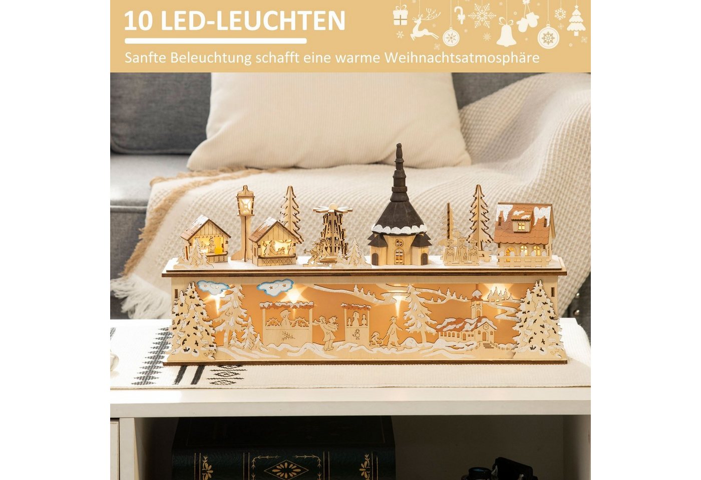 HOMCOM Weihnachtsdorf Weihnachtsdeko, Weihnachtsdorf, 10 LEDs, Holz, 45 x 10 x 25cm, Kirche mit integrierter LED-Beleuchtung, Höhe 25 cm – Bild 5 von 5