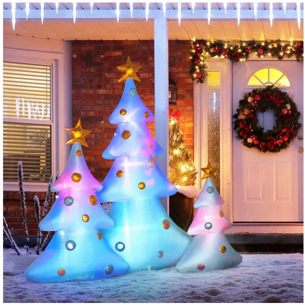 HOMCOM Weihnachtsfigur LED-Lichter Aufblasbare Weihnachtsdekoration für Außenbereich Hof (Weihnachtdeko, 3 St., Aufblasbarer Weihnachtsbaum), inkl. Befestigungs