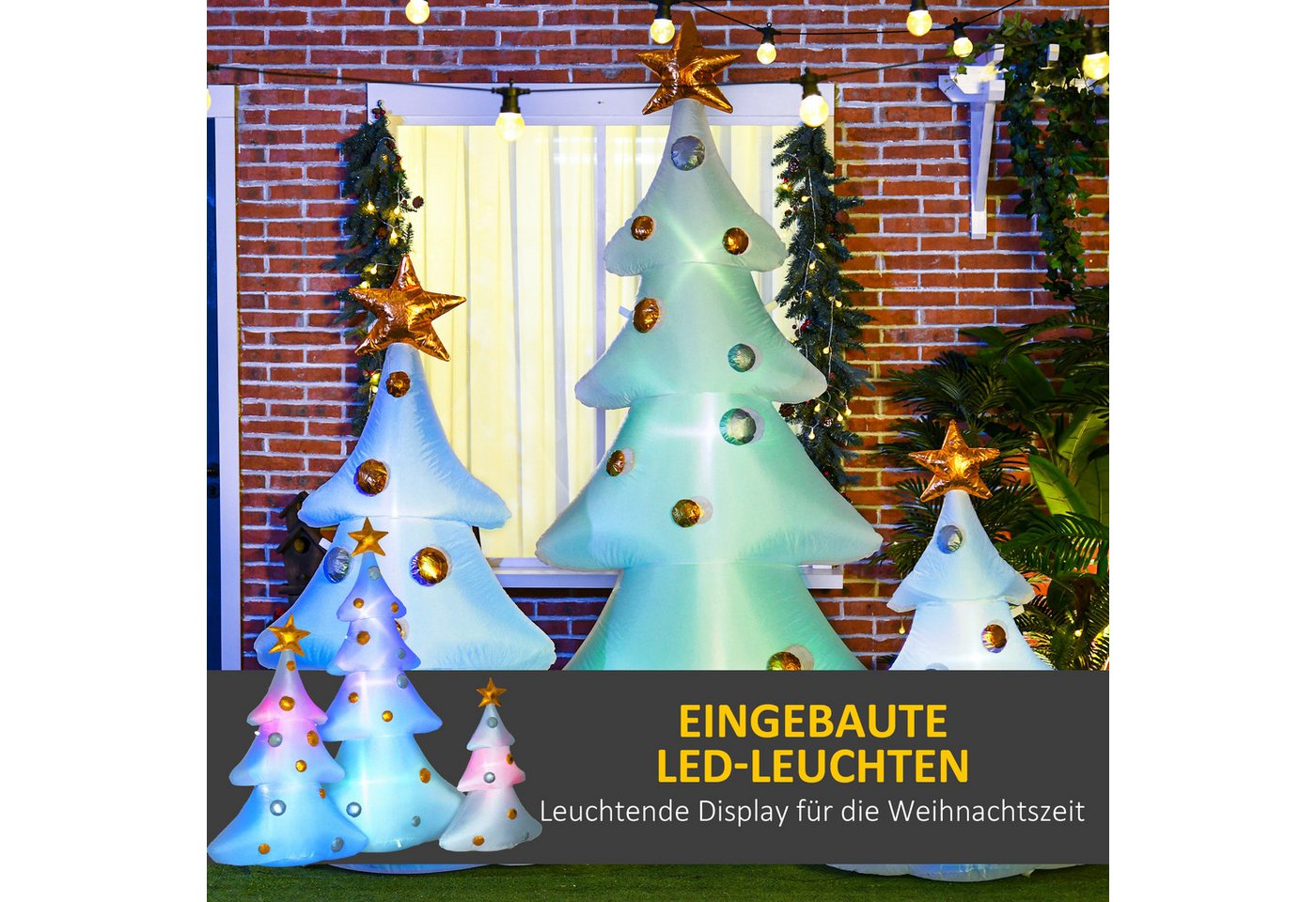 HOMCOM Weihnachtsfigur LED-Lichter Aufblasbare Weihnachtsdekoration für Außenbereich Hof (Weihnachtdeko, 3 St., Aufblasbarer Weihnachtsbaum), inkl. Befestigungs – Bild 4 von 5