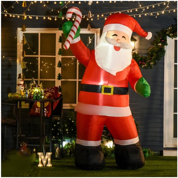HOMCOM Weihnachtsfigur selbstaufblasend Gartendeko mit LED-Beleuchtung, Zuckerstange (2,4 m Weihnachtsmann, 1 St., Aufblasbar Weihnachtsdeko), Weihnachtsbeleuch
