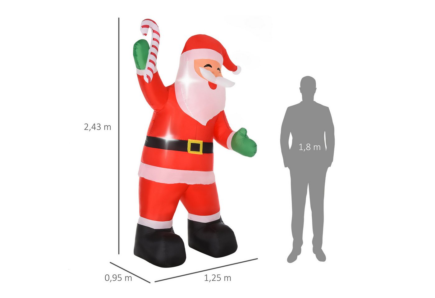 HOMCOM Weihnachtsfigur selbstaufblasend Gartendeko mit LED-Beleuchtung, Zuckerstange (2,4 m Weihnachtsmann, 1 St., Aufblasbar Weihnachtsdeko), Weihnachtsbeleuch – Bild 3 von 5