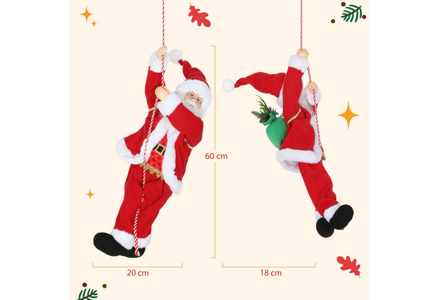 HOMCOM Weihnachtsmann Figur mit Seil, Dekofigur für Party Fenster Tisch Kamin Wand (60 cm, 1 St., klettert und wiegt sich zu Musik), Rot – Bild 3 von 5